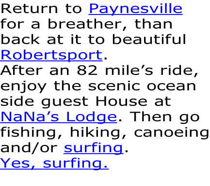 Return to Paynesville  for a breather, than  back at it to beautiful  Robertsport.  After an 82 mile’s ride,  enjoy the scenic ocean  side guest House at  NaNa’s Lodge. Then go fishing, hiking, canoeing and/or surfing.  Yes, surfing.